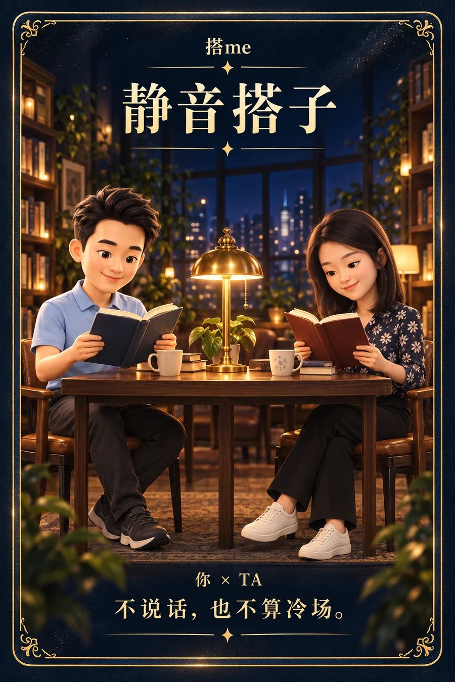 搭子证示例：静音搭子，两个人的 Q 版分身在夜色书房里各自看书
